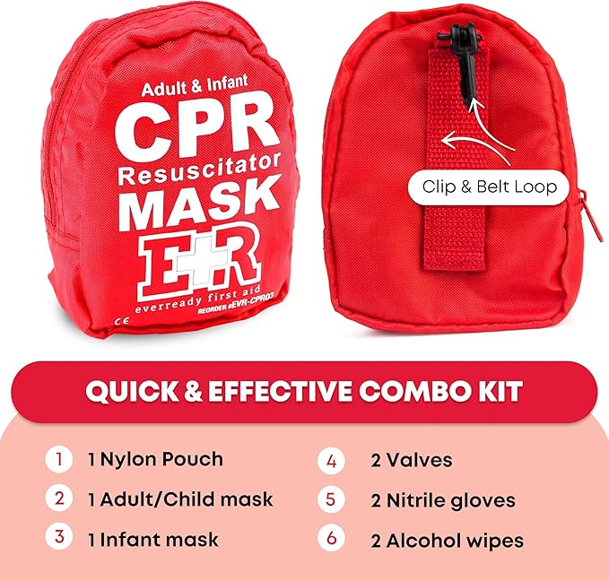 Adult and Infant CPR Mask Combo Kit – 50-Pack – 100 Valves, 50 Gloves, 100 Alcohol Pads – Bulk Set for First Responders, CPR Training