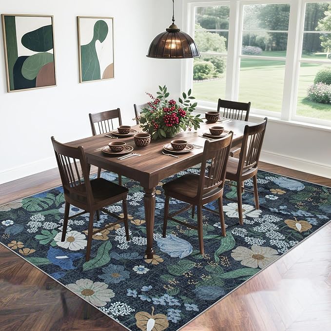 Area Rug Living Room Rugs: 6x9 Washable Rug Vintage Floral Soft Boho Non Slip Carpet Indoor Floor Non Shedding Low Pile Thin Carpets for Bedroom Dining Room Farmhouse Nursery Home Office Blue