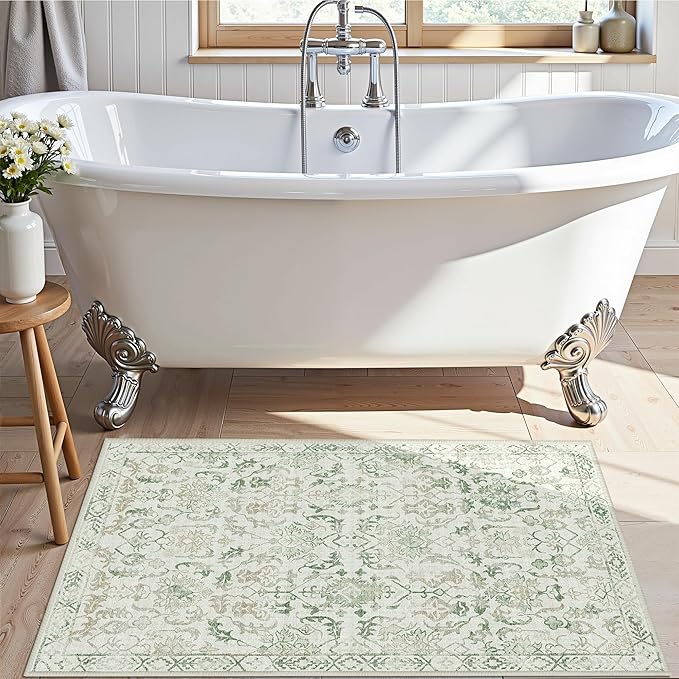 Green Small Area Rug 2x3 Throw Rug for Entryway Bathroom Kitchen, Non-Slip Low-Pile Washable Distressed Modern Boho Floor Carpet for Laundry Room, Indoor Washstand Vanity Front Mat 24x36 Inch