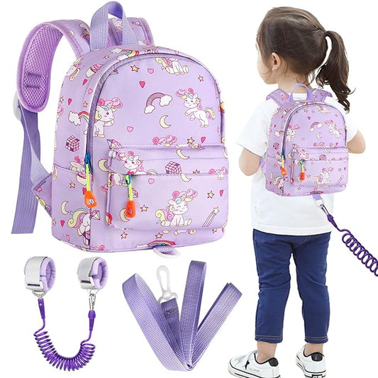 Accmor Toddler Backpack Leash with Anti Lost Wrist Link, Cute Mini Child Walking Harnesses Keep Kids Close Back Pack Rope Tether Rein for Baby Boys (Purple/Unicorn)