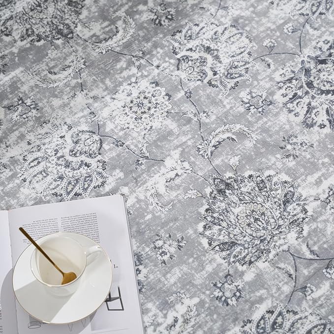 jinchan Round Rug 8ft Area Rug - Grey Vintage Floor Mat Kitchen Indoor Ultra-Thin Soft Floral Print - Washable Circle 8' Retro Accent for Farmhouse Non Slip Dining Room Living Room Bedroom Office