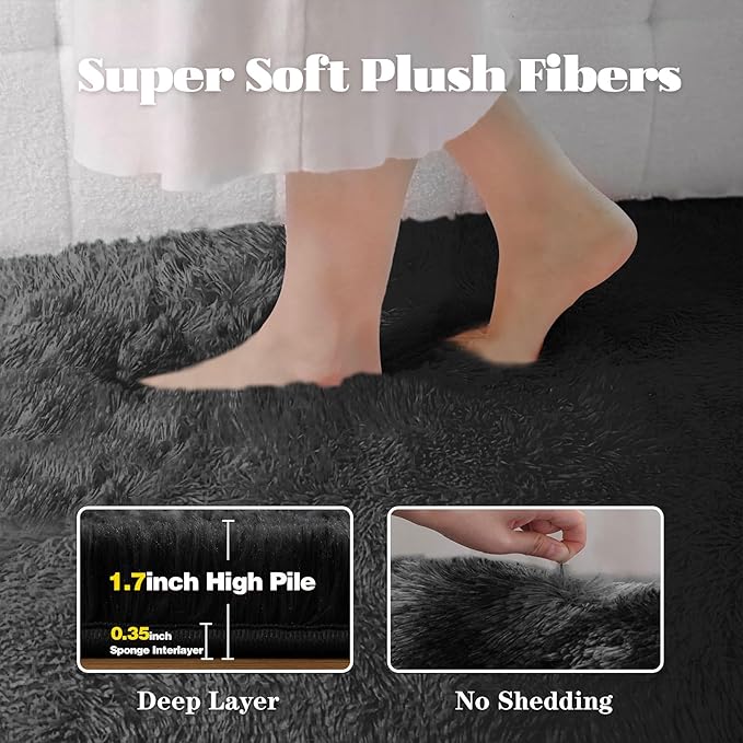 5x7 Area Rug for Living Room: Fluffy Shag Soft Washable Rugs Fuzzy Plush Indoor Carpet for Bedroom Nursery Playroom Dorm Kids Girls Boys Room (Black, 5'x7')