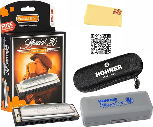 Hohner Special 20 Harmonica - Key of E Flat Bundle with Carrying Case, Pouch, Online Manual, and Austin Bazaar Polishing Cloth