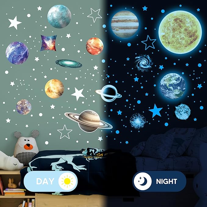 Glow in The Dark Stars and Planets for Ceiling, Glow Solar System Wall Stickers, Space Wall Decals for Kids Boys Room (Blue)