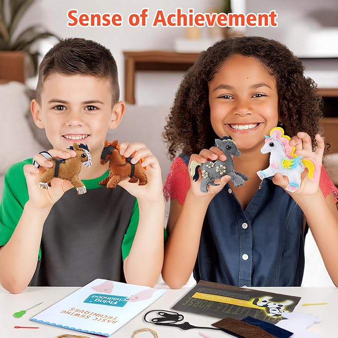 Flying Childhood Horse Sewing Kit for Kids Adults, Make 5 DIY Projects with Plush Stuffed Horse, Birthday Gifts Toys for Girls Boys Ages 8 9 10 11 12, Learn to Sew Kids Crafts