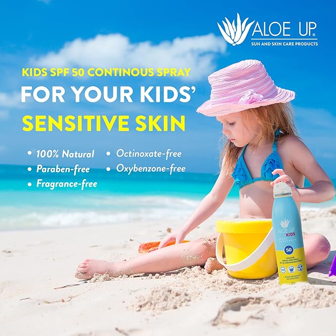 Aloe Up Kids Continuous Sport Sunscreen Spray SPF 50 - Broad Spectrum Sheer Face and Body Sunscreen Protector for Sensitive Skin - With Aloe Vera Gel - Dries Fast - Reef Safe - Fragrance-Free - 5.5 Oz