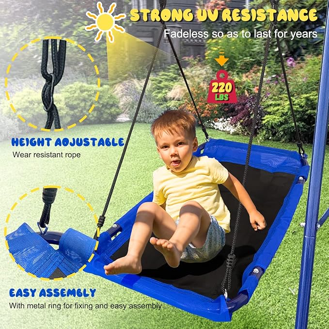 440lbs Kids Swing Set, 3-in-1 Outdoor Playground with Platform Swing, Belt Seat & 4ft Trampoline, Heavy Duty A-Frame Metal Stand & Safety Stakes, Backyard Playset for Toddlers 3-8 Years Old