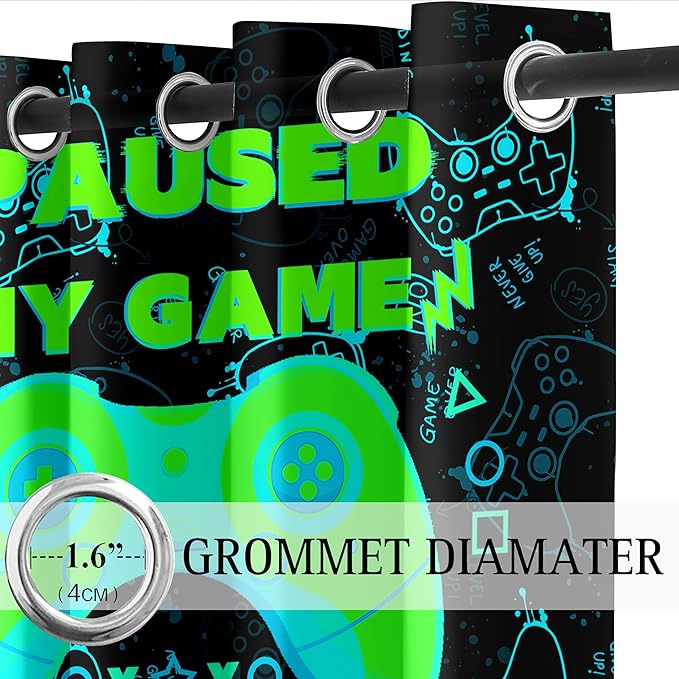 Gaming Gamepad Blackout Curtains - 2Pcs Game Windows Curtain Panels for Teens Boys Bedroom Green Gaming Console Curtains for Boys Kids Room Decor Grommet Top Thermal Insulated, 82 in x 84 in