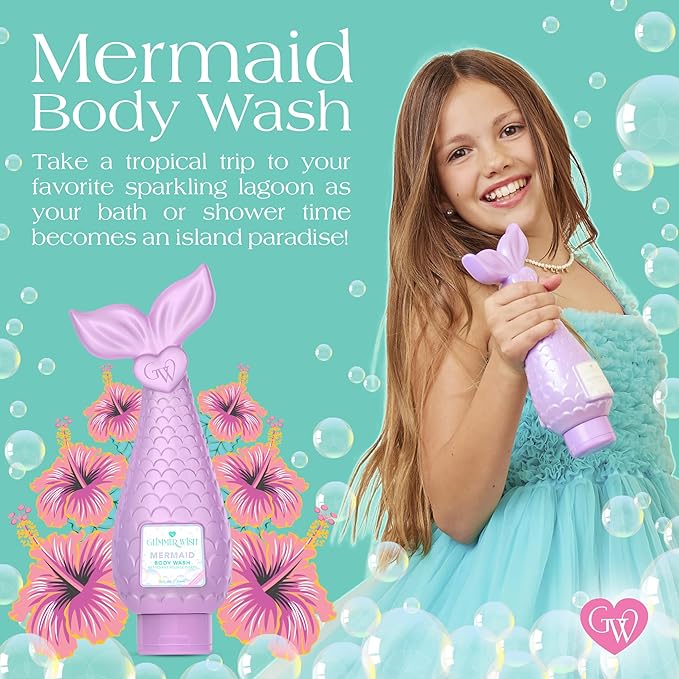 Glimmer Wish Mermaid Kids Body Wash, Gentle Cleanser and Moisturizing Sulfate Free Body Wash, Skin Care for Kids, Tropical Beach Scent, 12 Fl Oz