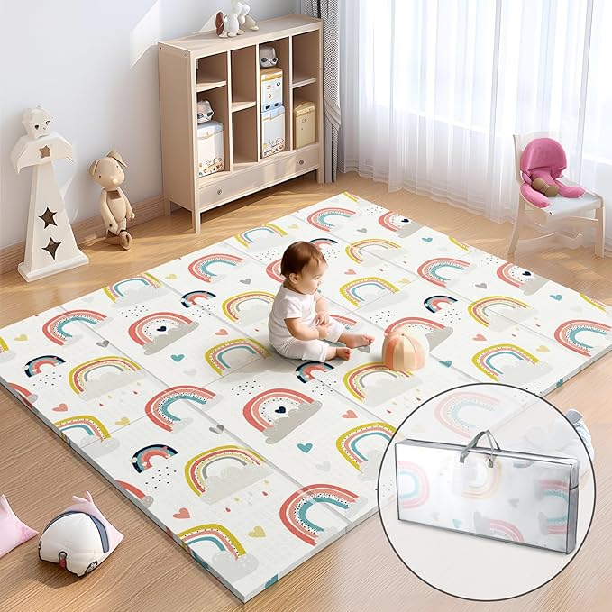 79 x 71 Baby Play Mats for Floor, Foldable Foam Play Mat for Babies 0-12 months,Thick & Waterproof Playmate for Baby, Non Toxic Baby Tummy Time Activity Playmat, Reversible Playpen Mat for Infant Toddlers