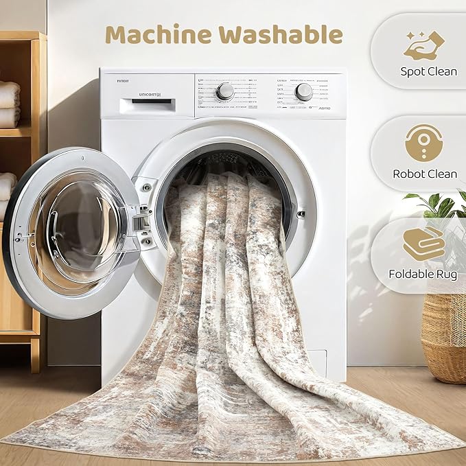 Area Rug Living Room Rugs: 5x7 Washable Large Abstract Modern Soft Stain Resistant Indoor Floor Non Slip Accent Carpet for Bedroom Nursery Playroom Dining Room Office Dorm Home House Decor- Brown