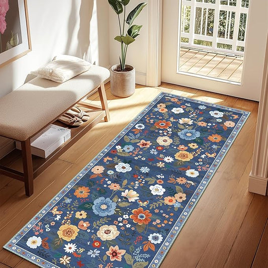 Floral 2x6 Area Rug Machine Washable Soft Print Boho Carpet Non Slip Doormat Low Pile Flower Area Rugs for Living Room Bedroom Nursery Kitchen Dining Room Indoor-Blue/Grey