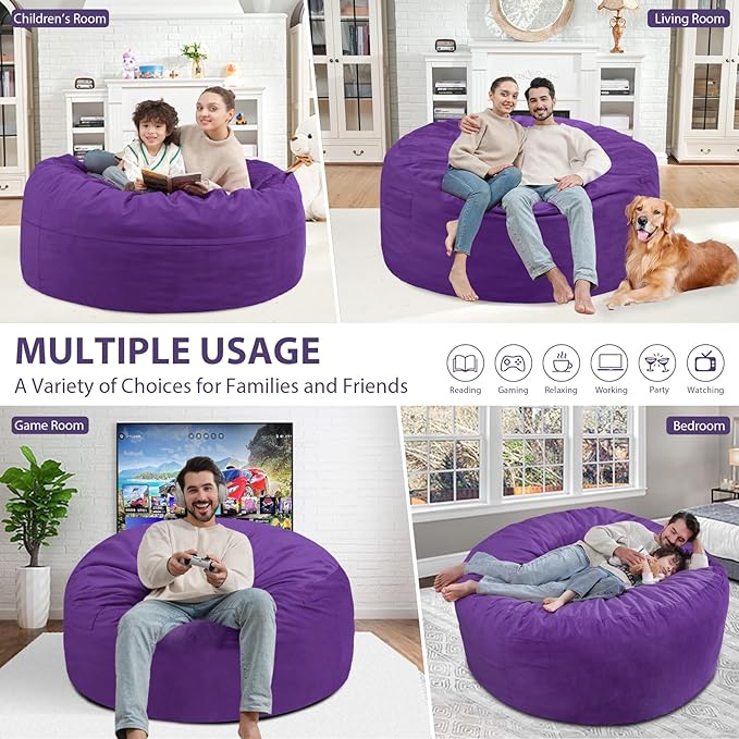 4FT Bean Bag Chair, Large Bean Bag Chairs with Memory Foam Filled, Fluffy Beanbag Sofa with Dutch Velvet Cover, Round BeanBag Chairs for Living Room, Playroom - Purple