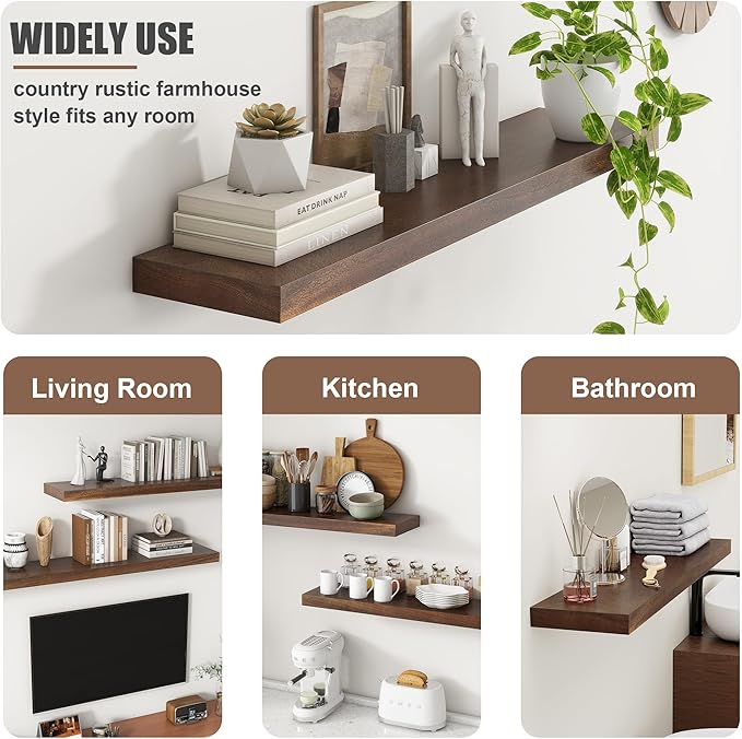 Floating Shelves for Wall, USA-Sourced Walnut Wood 36 Inch Long Wall Shelves Set of 2, Natural Wooden Wall Mounted Picture Ledge Shelf, Nursery Book Storage Shelf Kids Bookshelf, Display Shelf