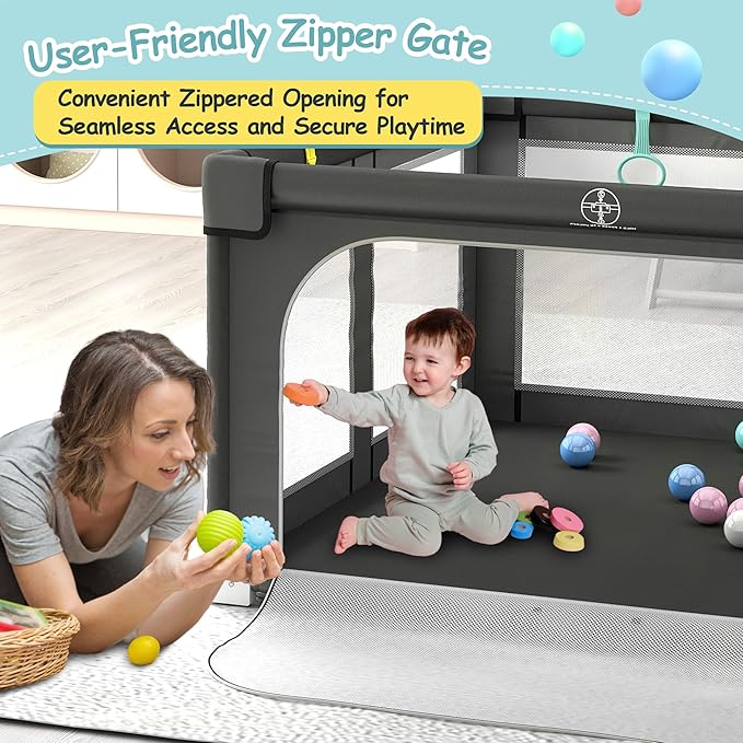 Foldable Playpen for Babies and Toddlers, 50" X 50" Large Collapsible Play Pen with Basket, 4 Handlers & 50 Ocean Balls, Portable Travel Play Yard with Carry Bag, No Installation, Grey