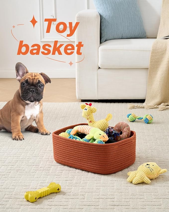 KALLAX Small Woven Basket, 13.5 x 9.5 x 5 Inches, Storage Basket for Organizing, Cute Small Rope Shelf Closet Cube Storage Bins Baskets for Shelves, Dog Toy Gift Baskets Empty, 3 Pack Rust Red