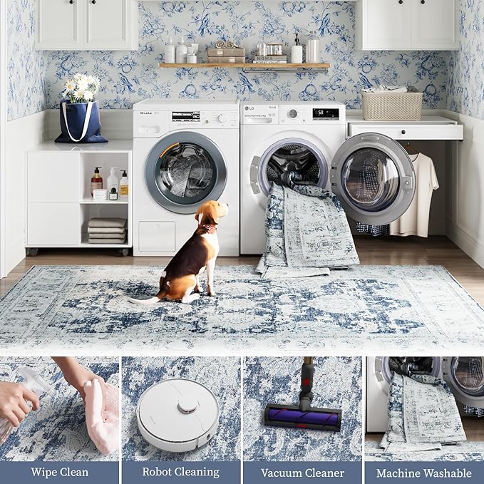 jinchan Hallway Runner Rug 3x8 Washable Runner - Vintage Floral Non Slip Low-Pile Soft Thin Faux Wool Kitchen Rug Distressed Carpet for Farmhouse Bedroom Laundry Room(3x8ft,Dark Blue)