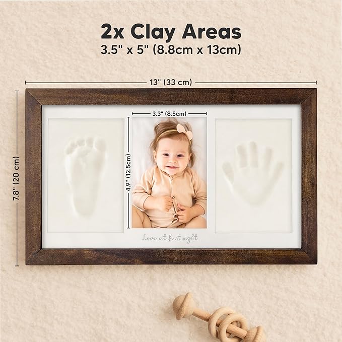 Baby Hand and Footprint Kit - Clay Handprint Keepsake Frame, Newborn Nursery Picture Frame, Personalized New Mom Gifts for Baby Shower & Registry (Dark Walnut)