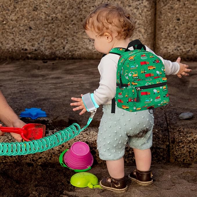 Accmor Toddler Backpack with Leash, Cute Baby Backpack with Anti Lost Wrist Link, Mini Kids Backpack Leash Walking Harness for Travel, Small Excavator Backpack Tether for Boys Girls Ages 1-3 (Green)