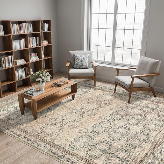 6x9 Washable Area Rug Non Slip, Thin Vintage Floral Living Room Rug Low Pile, Indoor Large Distressed Print Carpet for Bedroom, Dining Room, Farmhouse, Home Office, College Dorm Beige/Pink/Orange