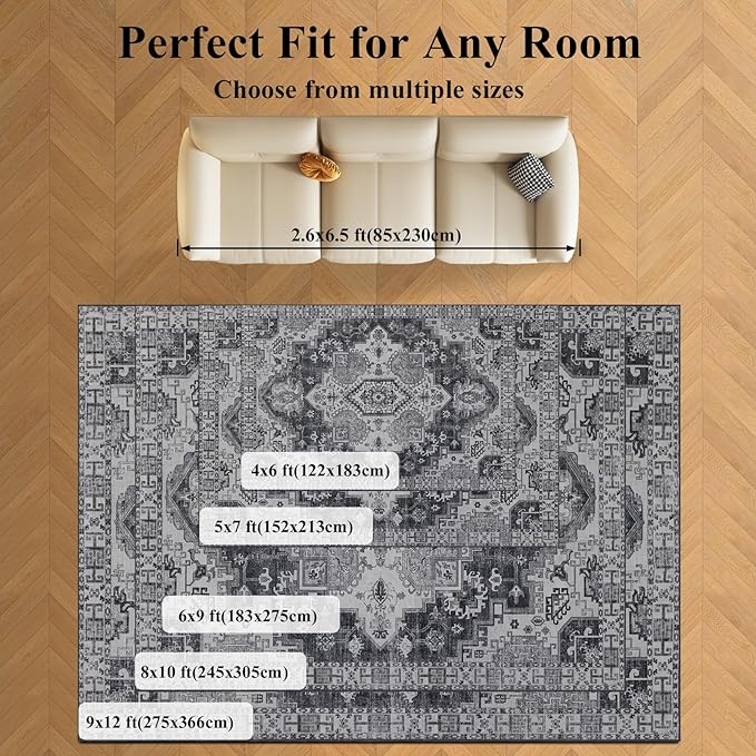4x6 Washable Area Rug for Living Room, Carpet for Bedroom, Soft Faux Wool Retro Dining Room Rug, Non Slip&Non-Shedding Resistant Low Pile Vintage Print Rug for Home Office (Medium Gray)