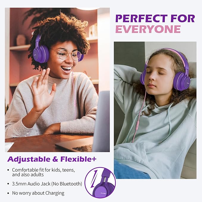 AILIHEN C8 Girls Headphones, On-Ear Headphones Wired with Microphone and Volume Control Foldable Corded Stereo 3.5mm Headset for Girls School Chromebook Laptop Computer PC Tablets Travel (Purple Pink)