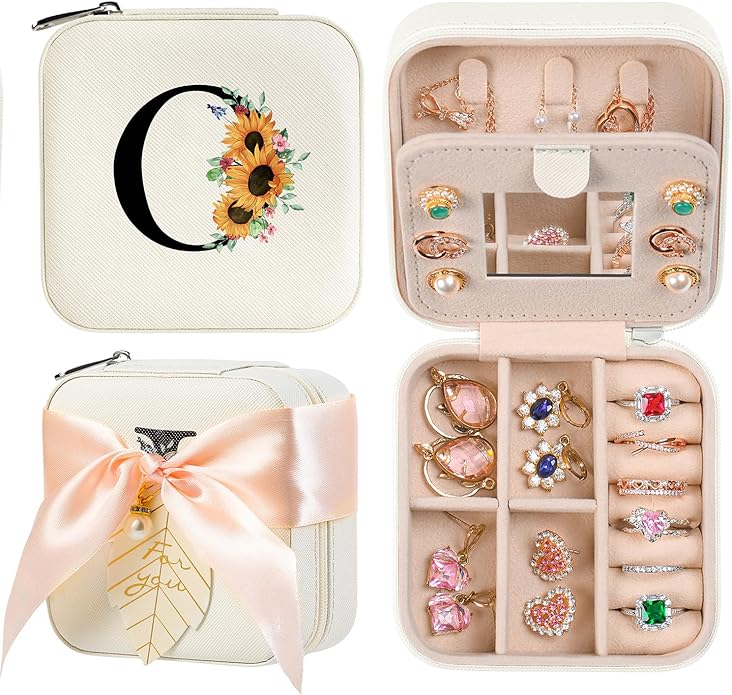 AYGXU Travel Jewelry Box for Women and Girls - Small Case With Initial A-Z - Teacher Gifts