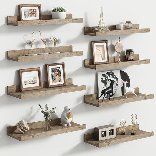 Floating Picture Ledge Shelves for Wall Set of 8, 16 Inch Solid Wood Wall Shelves with Lip Long Large Nursery Book Shelf for Toys Storage Kids Bookshelf Wall Mounted Living Room Bedroom Decor Frames