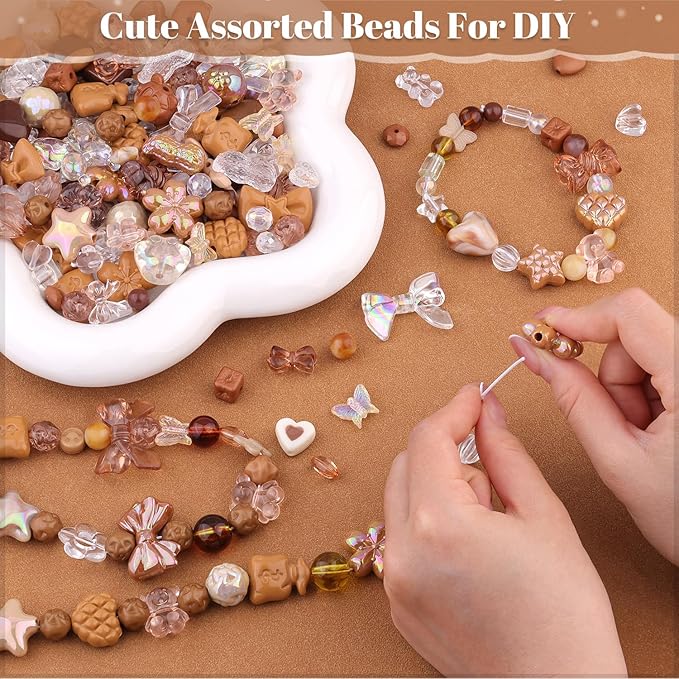 Assorted 170-230PCS Brown Acrylic Beads for Bracelet Making, Flower Bow Butterfly Candy GummyBear Aesthetic Bracelet Charms,Cute Beads for Jewelry Making DIY Necklace Keychain Phone Charm