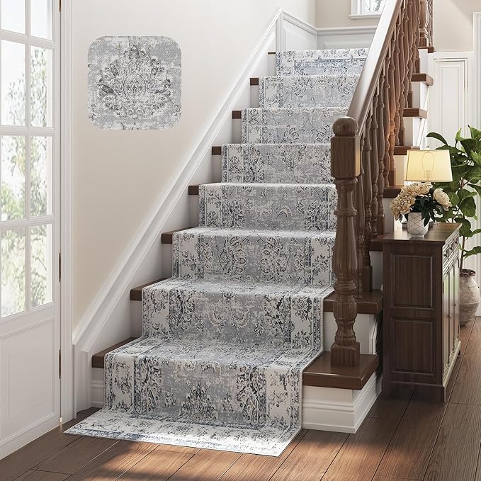 jinchan Hallway Runner Rug 3x10 Machine Washable Runner Rug Grey Vintage Floral Design Non-Slip Low Pile Ultra-Thin for Kitchen Laundry Room Bedroom Farmhouse (3‘x10',Grey)