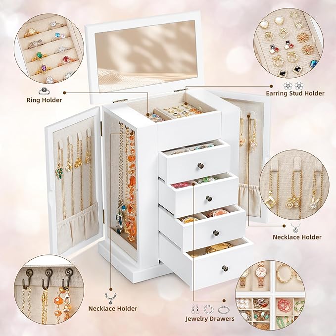 Jewelry Box for Women, 5 Layer Large Wood Jewelry Boxes & Organizers for Necklaces Earrings Rings Bracelets, Rustic Jewelry Organizer Box with Drawers and Mirror (Vintage White)