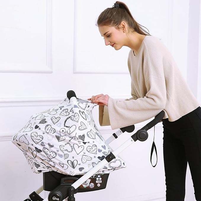 Baby Car Seat Covers, Carseat Canopy, Boys Girls Privacy Breastfeeding Cover (Grey Heart)