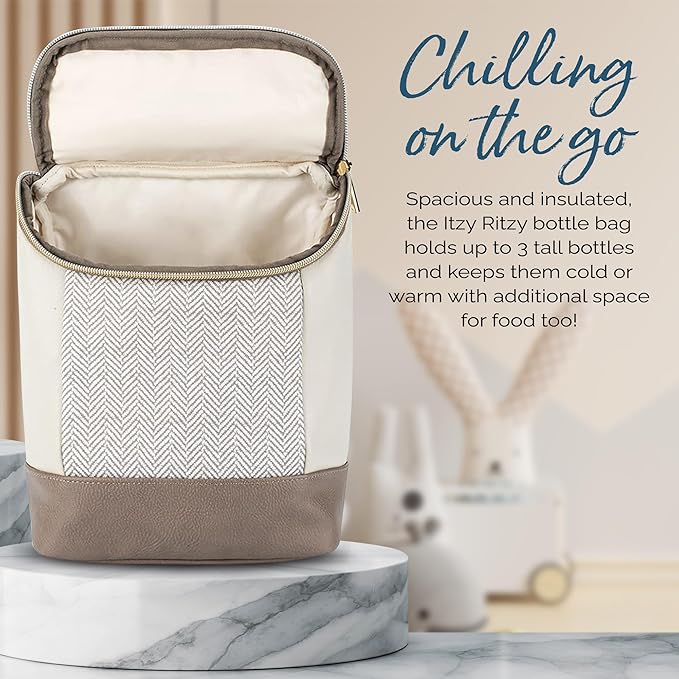 Itzy Ritzy Insulated Bottle Bag – Keeps Bottles Warm or Cool - Holds 3 Bottles & Features Interior Pocket for Ice Pack (Not Included), Vanilla Latte
