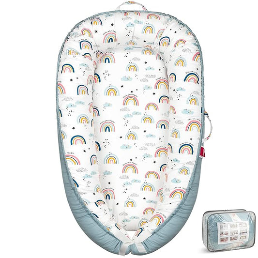 Baby Lounger - Baby Lounger for Newborn 0-24 Months, Breathable & Soft Baby Nest, Portable and Lightweight Lounger for Home and Travel, Ideal Newborn Babies Essentials (Blue-Rainbow)