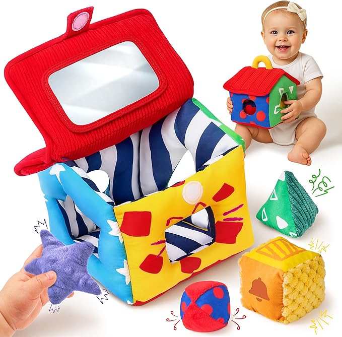 JoyCat Infant Toys 6-12 Months, Soft Sensory Toy with 4 Fabric Shapes, Baby Learning Shape Sorter for 3 4 5 6 7 8 9 10 11 12-18 Months, Baby Shower Birthday Gift Boy Girl