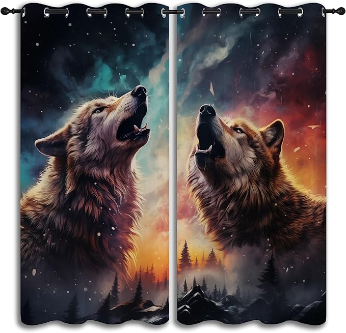 Fantasy Wolf Blackout Curtains for Boys Girl Bedroom Decor,Colorful Galaxy Misty Forest Wildlife Thermal Insulated Grommet Drapes Darkening Window Curtain for Living Room Home 72x63 inch