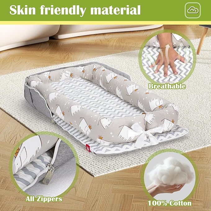 Baby Lounger for Newborn Portable Bag,Baby Lounger Play Mat for Awake-Time,Newborn Babies Essentials Gifts 0-24 Months Home Travel(Elephant Grey)