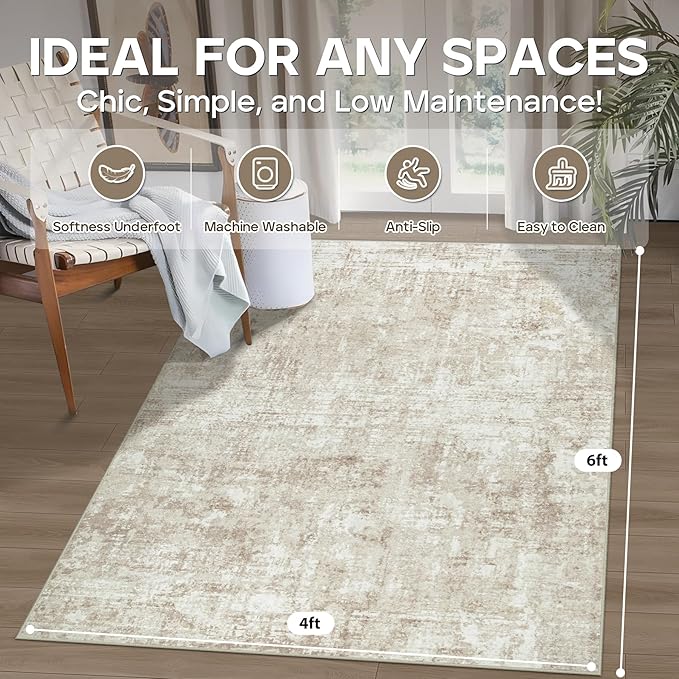 4x6 Area Rugs for Living Room Rug Washable: Modern Large Rug for Dining Room Bedroom Carpet Non Slip Low Pile 4 by 6 Indoor Abstract Nursery Home Office Beige