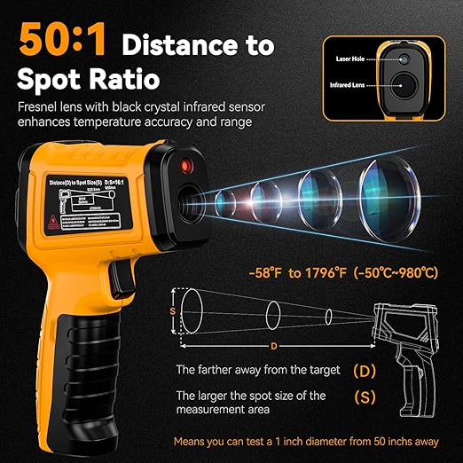 50:1 Infrared Thermometer -58F to 1796F, Laser Temp Gun with Thermocouple Probe for Pizza Oven, HVAC, BBQ, High Temp Gun with Humidity Sensor, Accurate for Home and Industrial Use