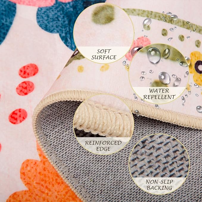 Floral 4x6 Area Rug Machine Washable Soft Print Boho Carpet Non Slip Doormat Low Pile Flower Area Rugs for Living Room Bedroom Nursery Kitchen Dining Room Indoor-Pink