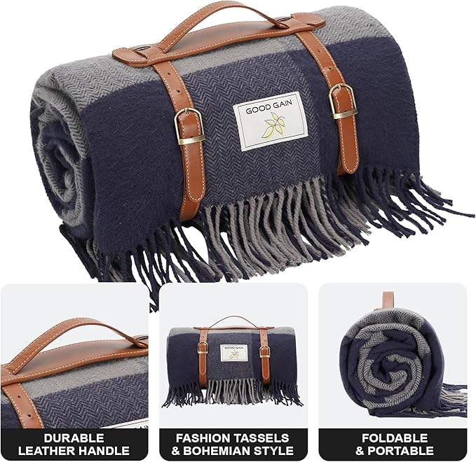 G GOOD GAIN Waterproof Picnic Blankets- Extra Large Outdoor Blanket Foldable, Beach Blanket with PU Handles, Sandproof Picnic Mat for Hiking, Camping, Lawn, Park, Grass.GreySquare