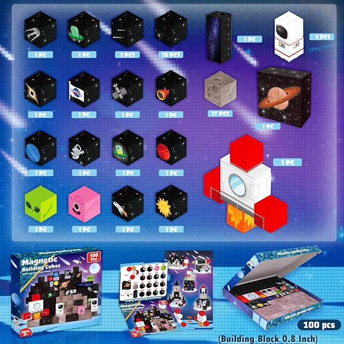 Goody King 100PCS Space Rocket Magnetic Building Blocks |Space Adventure Magnetic Tile Set, STEM Montessori Stacking Toy, Building Playsets for Boys and Girls Ages 3-10,Sensory Tile Christmas