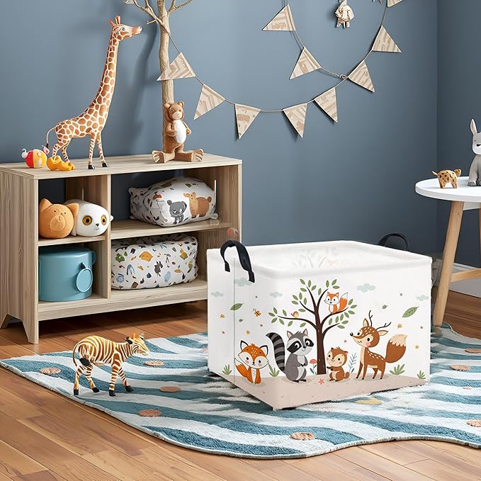 HIYAGON Rectangular Woodland Animal Basket Kids Baby Storage Basket Storage Bin Organizer Box Animal Room Decor(Spring Animal)
