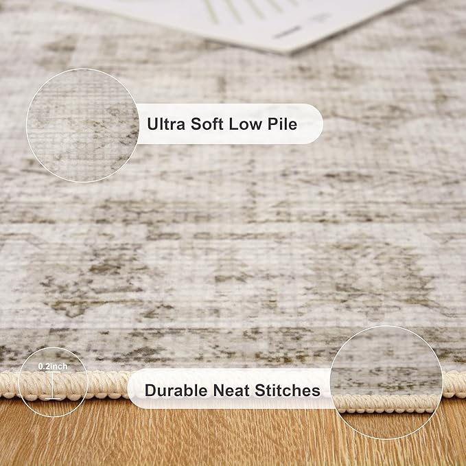 6x9 Washable Area Rug for Living Room, Non-Slip Distressed Rugs for Bedroom Dinning Room, Ultra-Thin Indoor Non-Shedding Vintage Print Carpet for Farmhouse, Home Office, Dorm Light Taupe/Cream