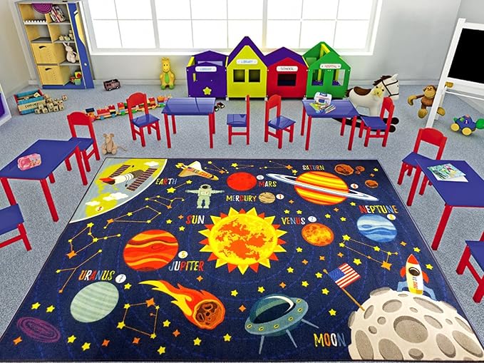 KC Cubs 5x7 Outer Space Solar System Toy Car Road Rug – Educational Play Mat Carpet for Kids, Toddlers, Nursery, Classroom, Playroom, Baby Daycare