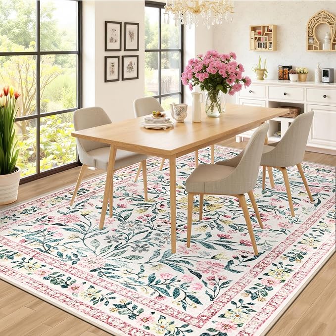 6x9 Area Rugs for Living Room: Floral Washable Rug Vintage Large Soft Boho Non-Slip Carpet Indoor Stain Resistant Thin Carpets for Bedroom Dining Room Farmhouse Nursery Hallway Home Office Pink Green