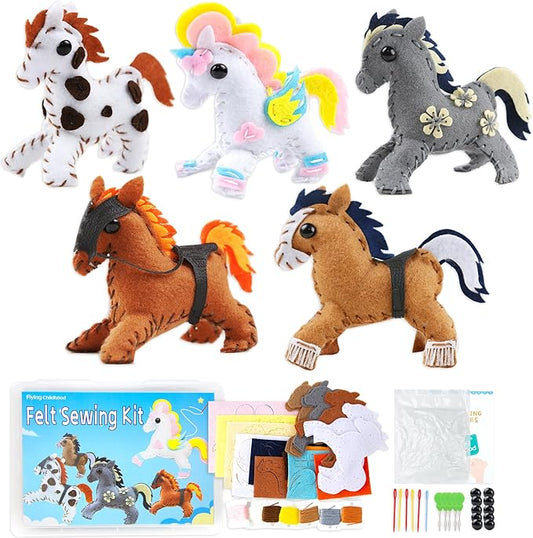 Flying Childhood Horse Sewing Kit for Kids Adults, Make 5 DIY Projects with Plush Stuffed Horse, Birthday Gifts Toys for Girls Boys Ages 8 9 10 11 12, Learn to Sew Kids Crafts