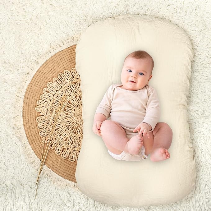 Hooyax Baby Lounger Cover 2 Pack - 100% Muslin Cotton Newborn Lounger Pillow Covers Only, Soft Breathable Infant Lounger Cover with Reinforced Stitching, Fits Most Standard Baby Loungers (Pink Wheat)