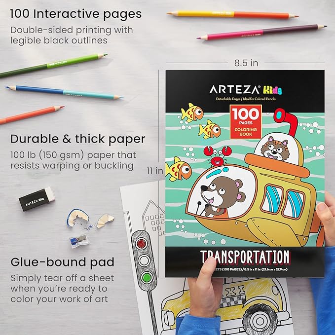 ARTEZA Kids Coloring Book and Colored Pencils Set, Transportation Illustrations, 50 Double-Sided Sheets, 100lb Paper