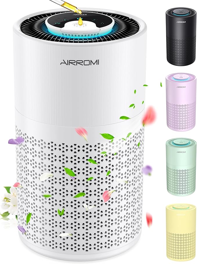 AIRROMI Air Purifier for Bedroom with HEPA 3-in-1 Filter, Pet Air Purifier for Home Cat Pee Smell, Covers Upto 990 Ft², Quiet 360° intake Air Cleaner for pet hair,allergies,Dust,Smoke A2001 White